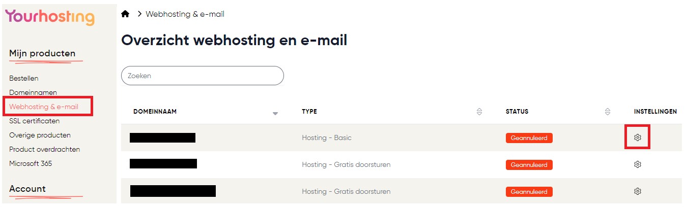 Klik bij Webhosting & E-mail op het tandwiel achter de domeinnaam