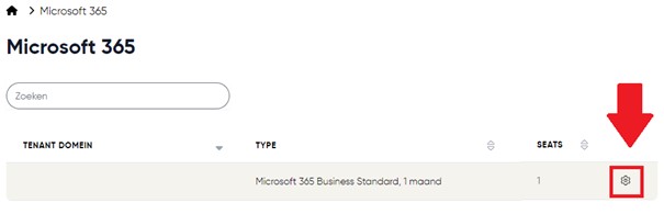 Voeg een extra licentie toe van hetzelfde soort via je online klantomgeving door op de Microsoft-pagina op het tandwiel achter de licentie te klikken