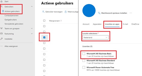 Koppel de licentie aan een gebruiker in de Microsoft-omgeving bij 'Actieve gebruikers'.