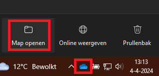 Je ziet nu rechts in je taakbalk het OneDrive icoon. Klik hierop en je kunt de lokale map openen.