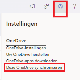 Ga rechts naar het tandwiel icoontje en klik 'Deze OneDrive synchroniseren'.