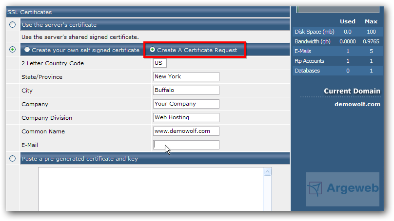 Vul de benodigde gegevens in bij 'Create A Certificate Request'.