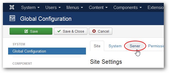 Klik in Joomla! bij Global op 'Server'